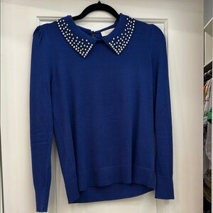 LOFT Blue Crew Neck Sweater with Embellished Collar